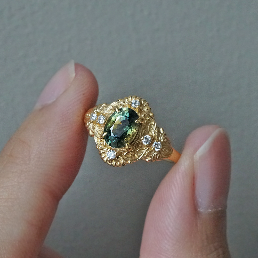 One Of A Kind: Bi-Color Oval Sapphire Twilight Diamond Ring in 14K and 18K Gold