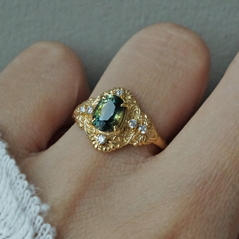 One Of A Kind: Bi-Color Oval Sapphire Twilight Diamond Ring in 14K and 18K Gold