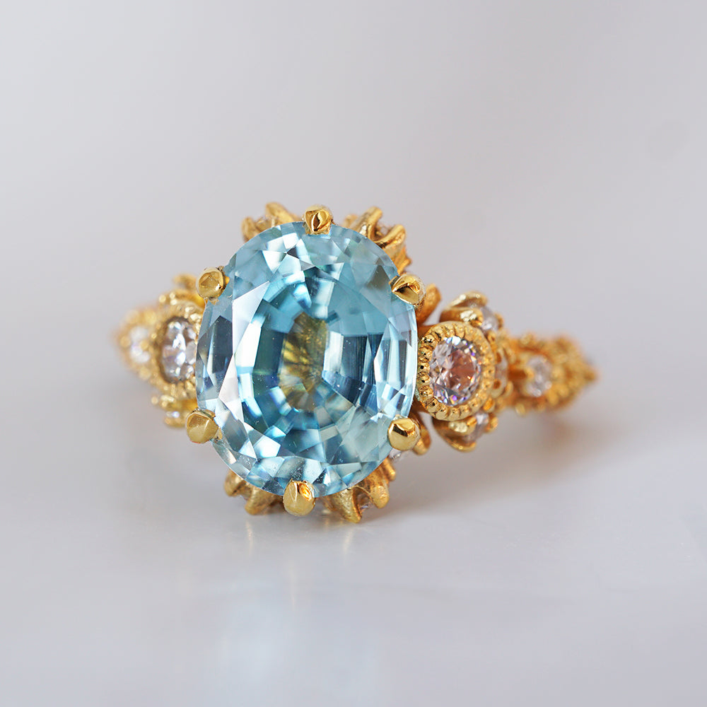 One Of A Kind: 2.54ct Blue Zircon Queen Victoria Diamond Ring in 14K and 18K Gold