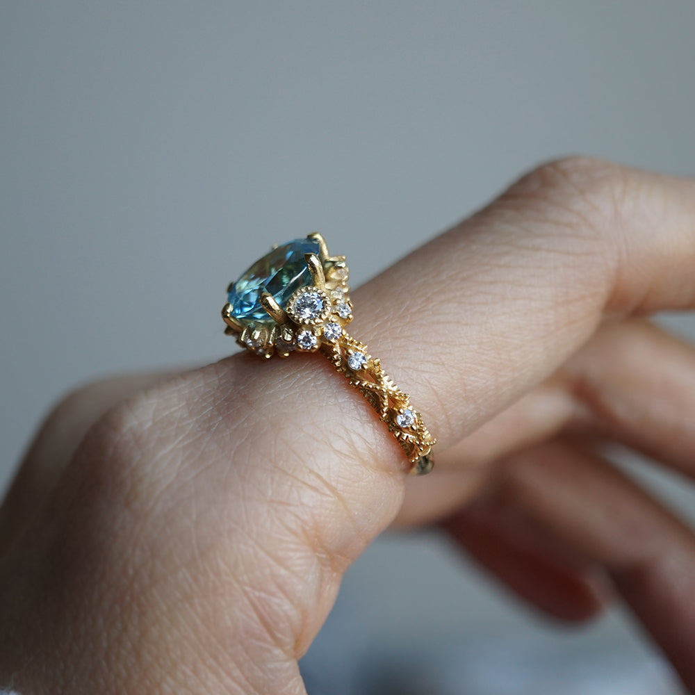 One Of A Kind: 2.54ct Blue Zircon Queen Victoria Diamond Ring in 14K and 18K Gold