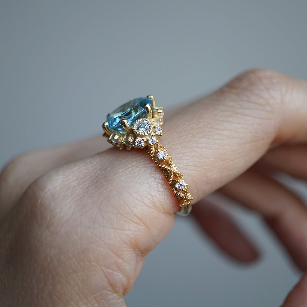 One Of A Kind: 2.54ct Blue Zircon Queen Victoria Diamond Ring in 14K and 18K Gold