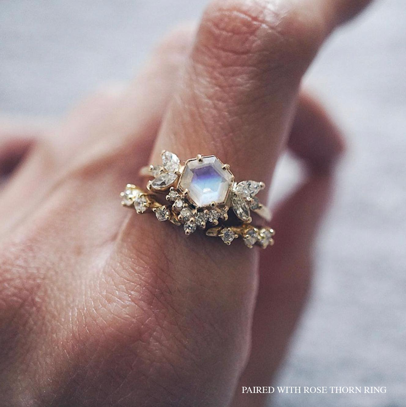 Hexagon Moonstone Butterfly Diamond Ring in 14K and 18K Gold