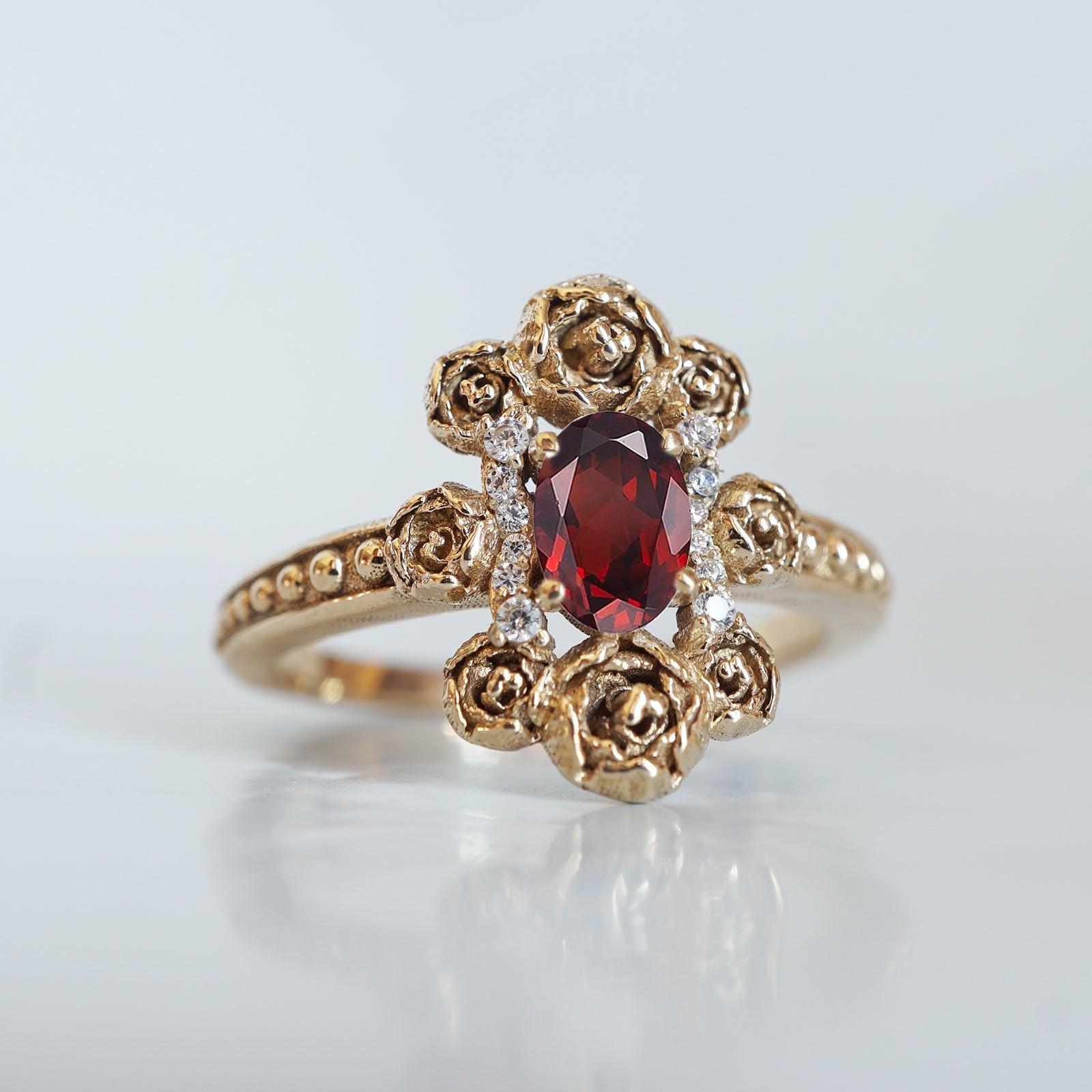 Peonies Oval Garnet Ring in 14K and 18K Gold - Tippy Taste Jewelry