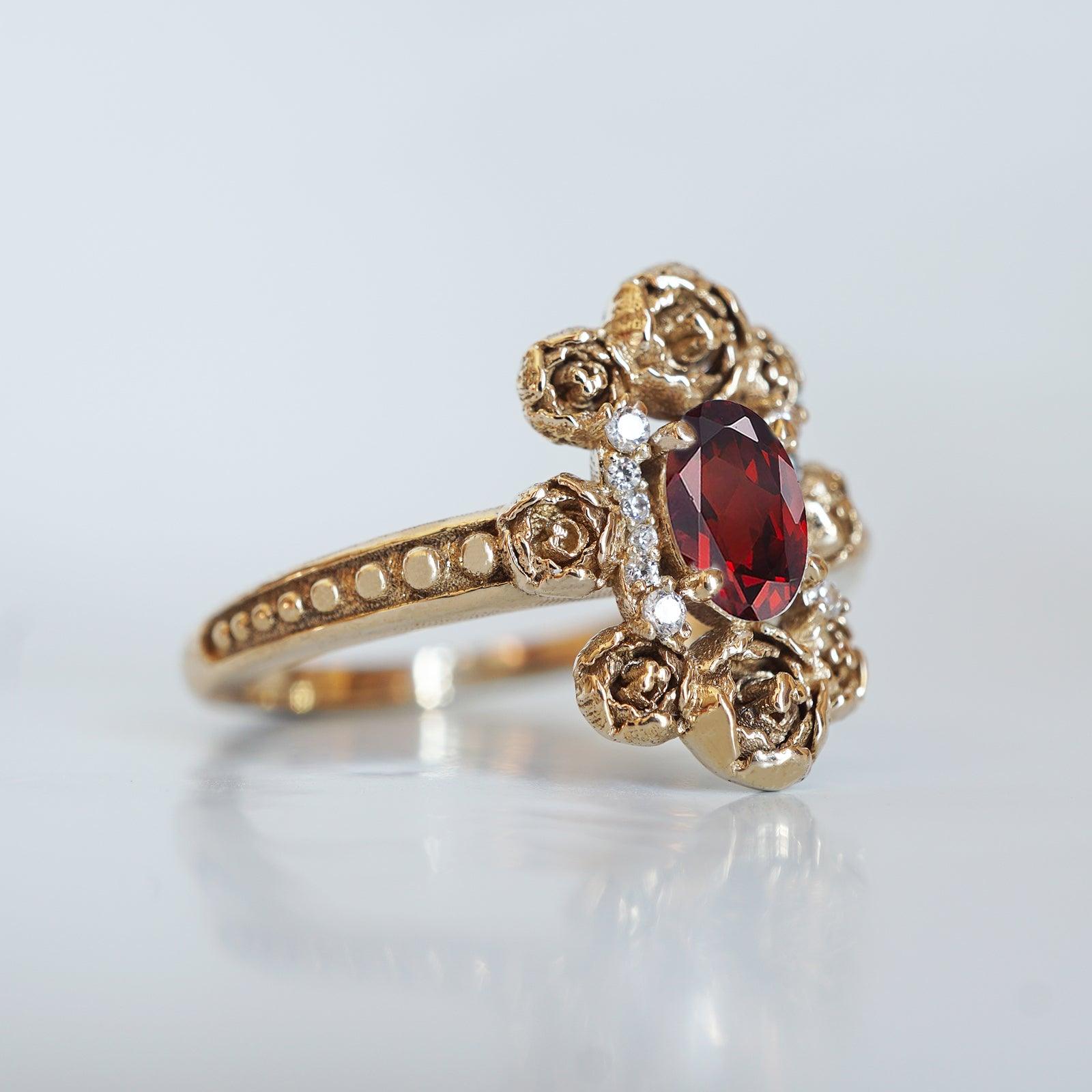 Peonies Oval Garnet Ring in 14K and 18K Gold - Tippy Taste Jewelry