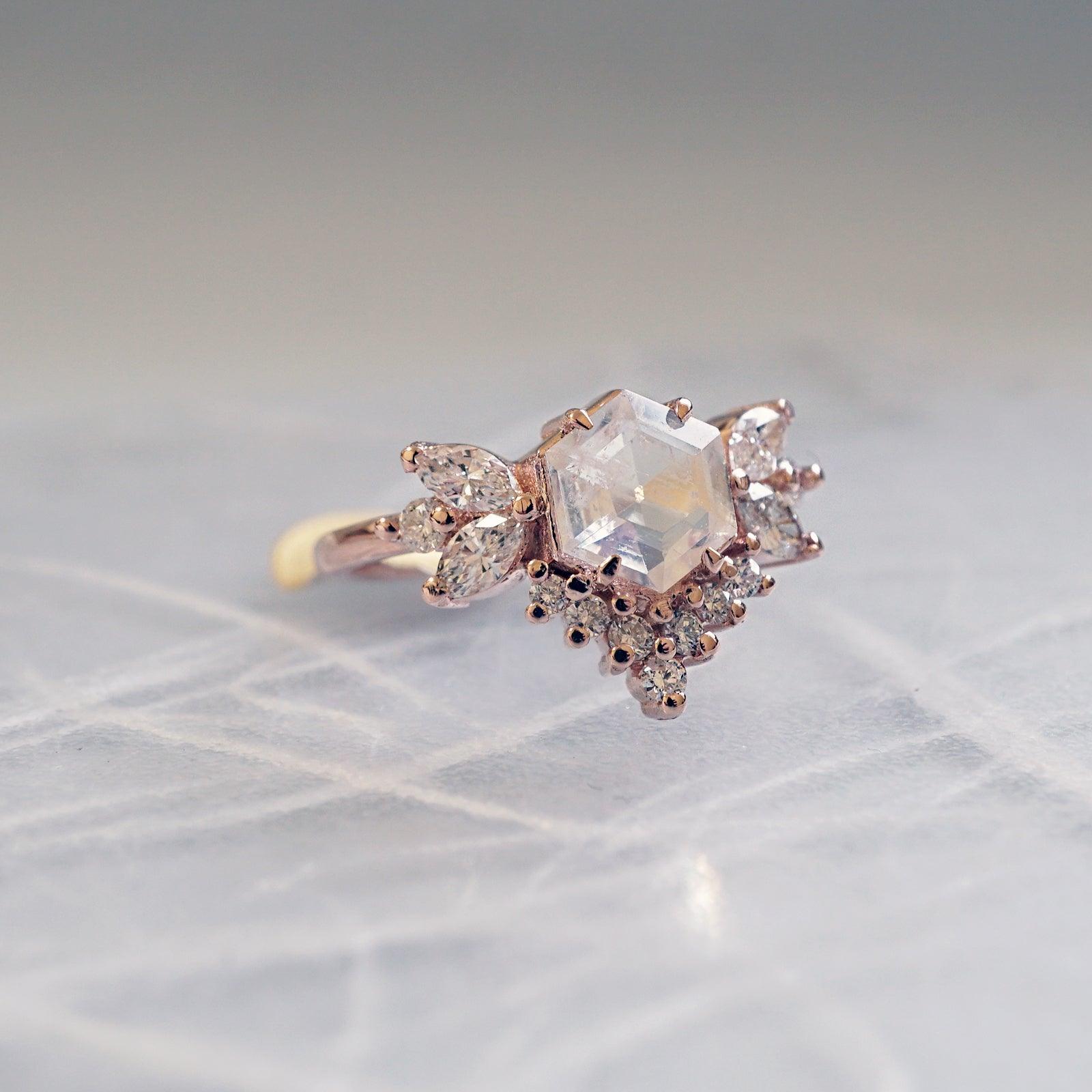 Hexagon Moonstone Butterfly Diamond Ring - Tippy Taste Jewelry