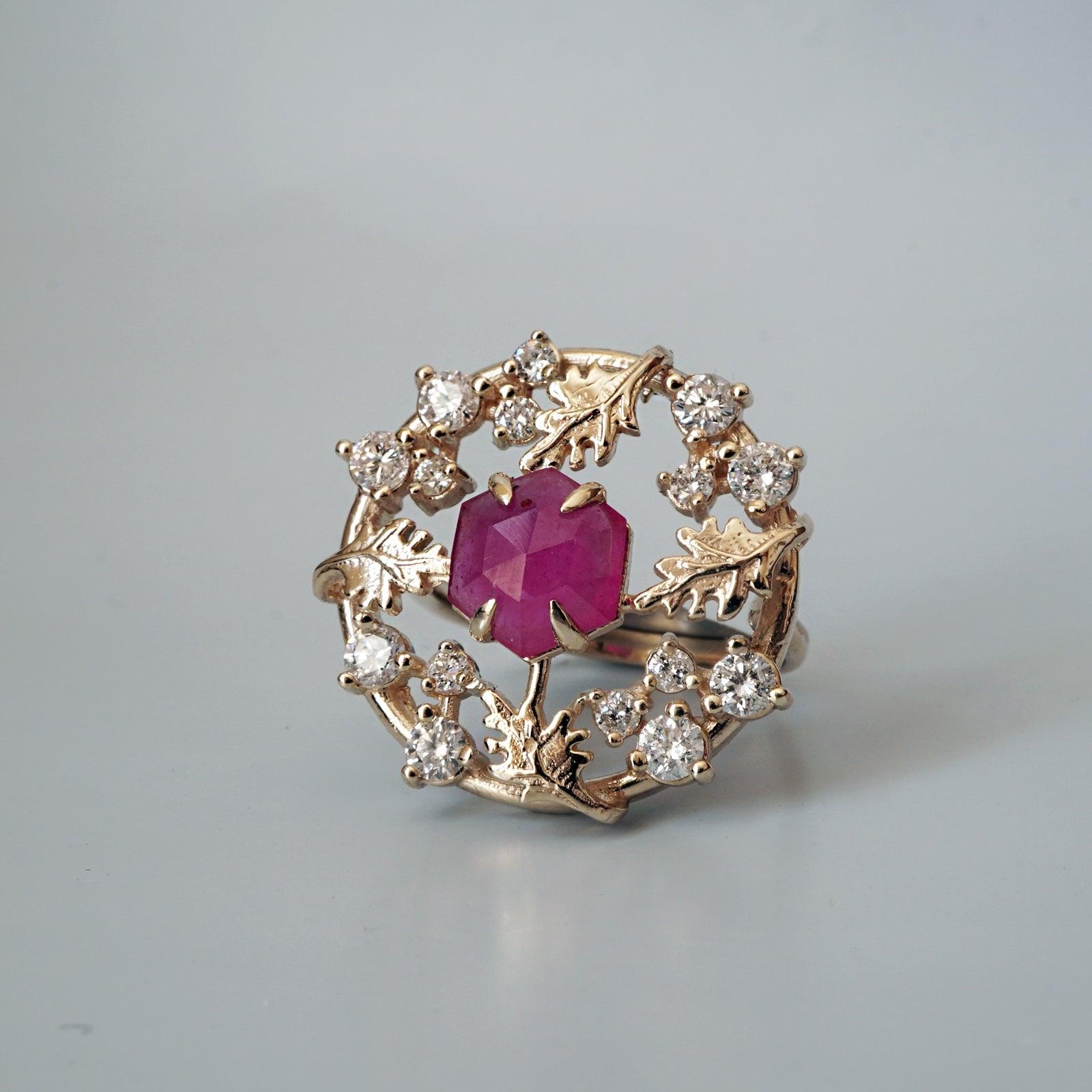 14K Wishing Well Ruby Diamond Ring - Close-up of Ruby and Diamond Detail