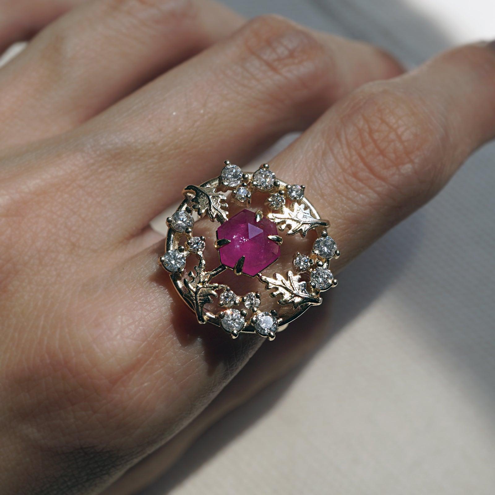 14K Wishing Well Ruby Diamond Ring - Close-up of Ruby and Diamond Detail