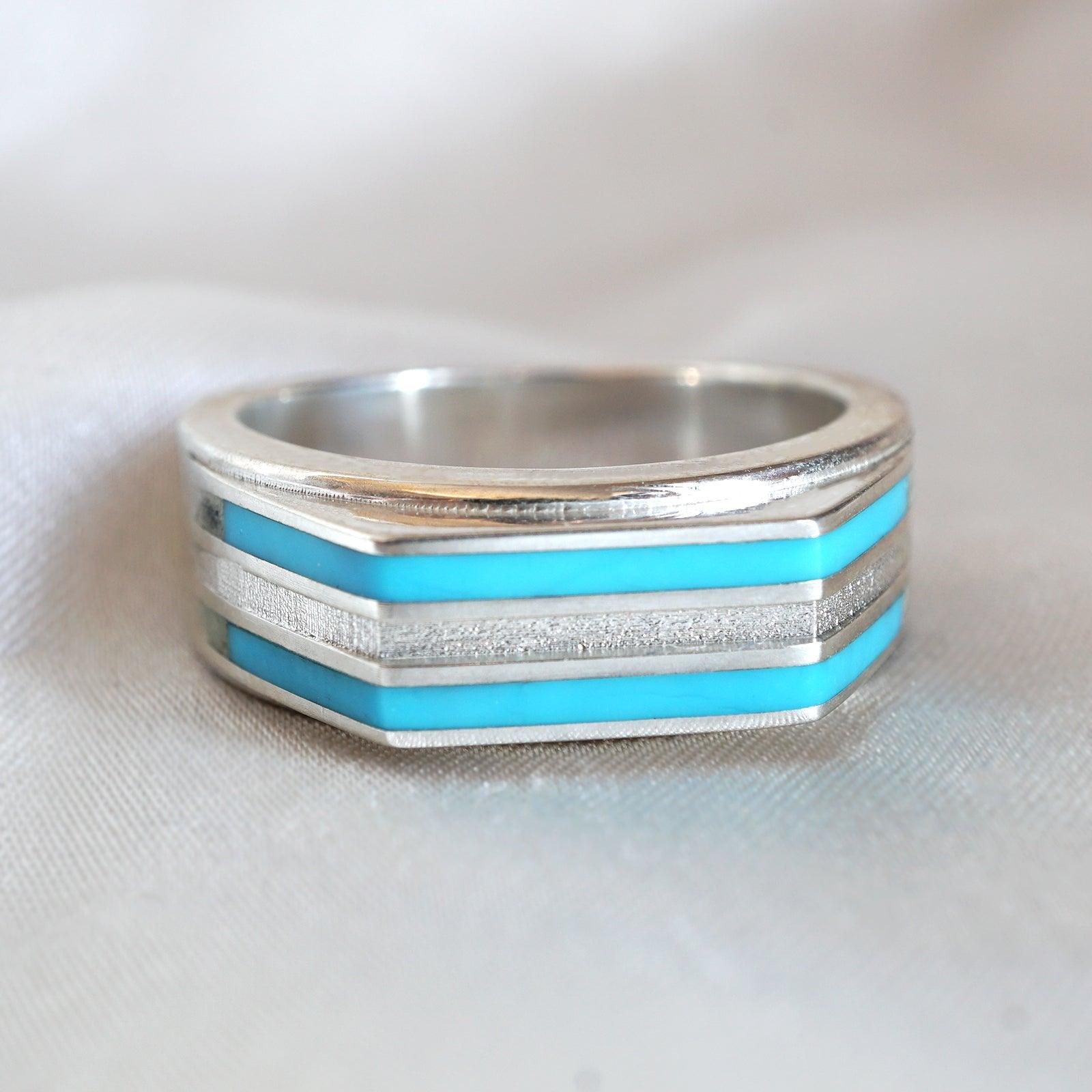 Turquoise Inlay Horizon Ring in Sterling Silver and 14K Gold, 5.8mm - Tippy Taste Jewelry