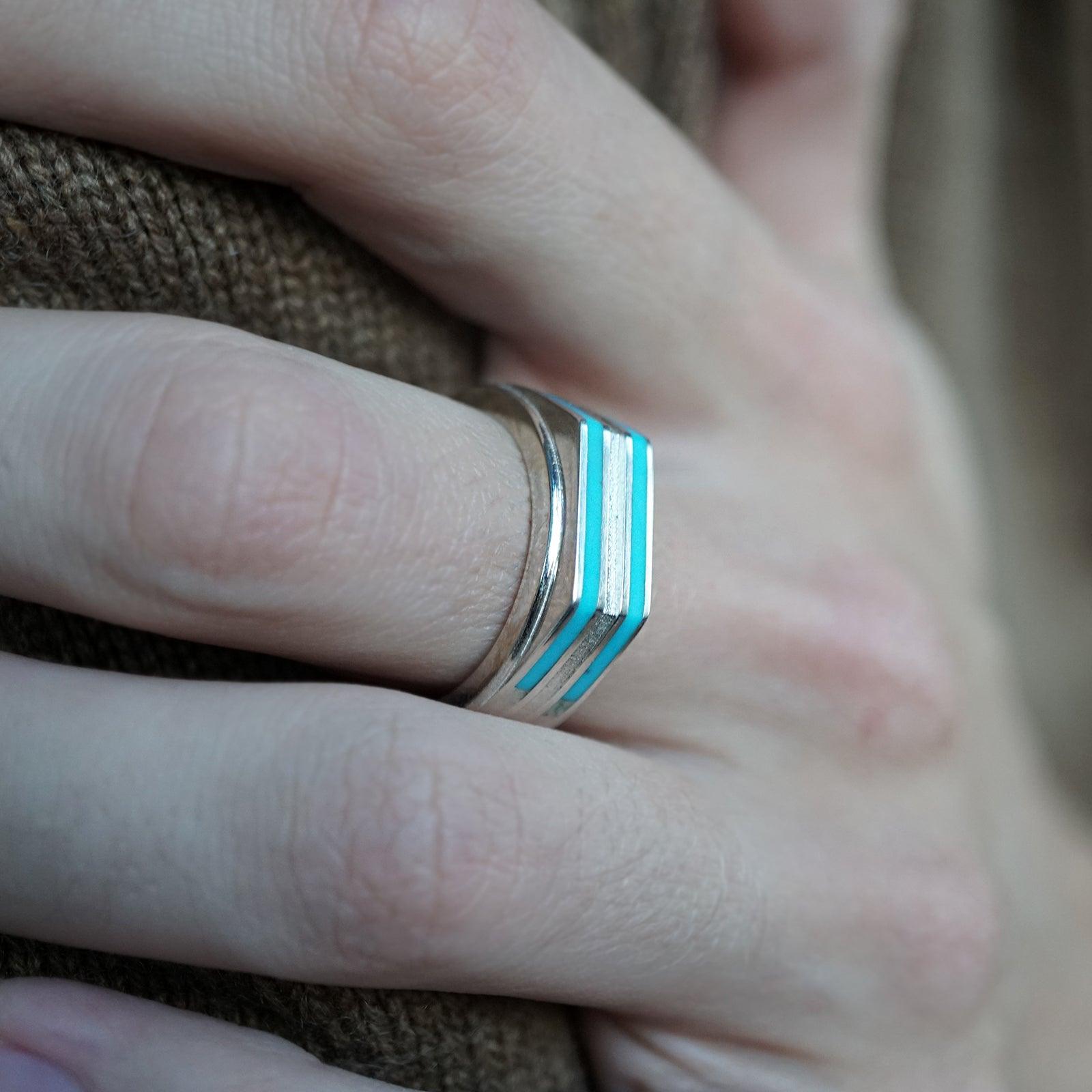 Turquoise Inlay Horizon Ring in Sterling Silver and 14K Gold, 5.8mm - Tippy Taste Jewelry