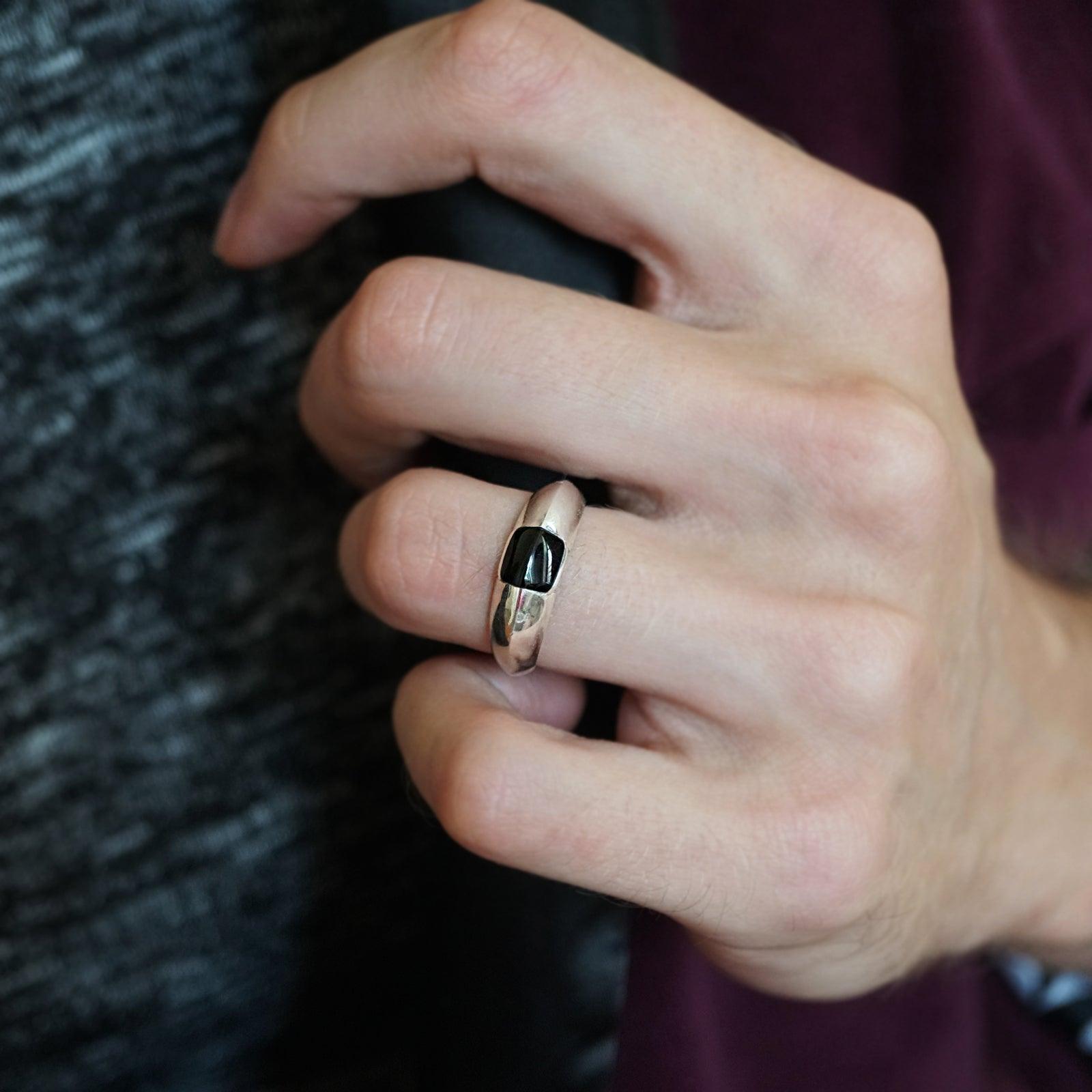 Black Onyx Bevel Ring in Sterling Silver and 14K Gold, 7mm - Tippy Taste Jewelry