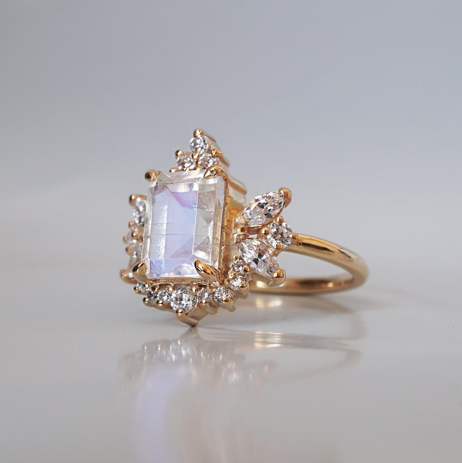 Stardust Moonstone Diamond Ring in 14K, 18K Gold and Platinum - Tippy Taste Jewelry