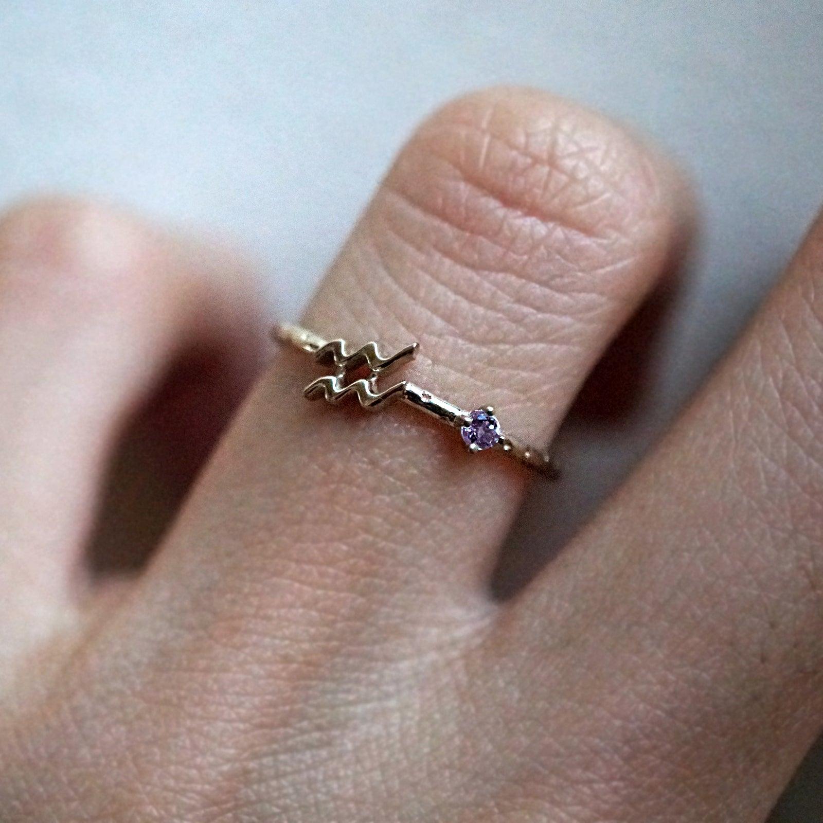 14K Aquarius Horoscope Birthstone Ring (Amethyst + Garnet)