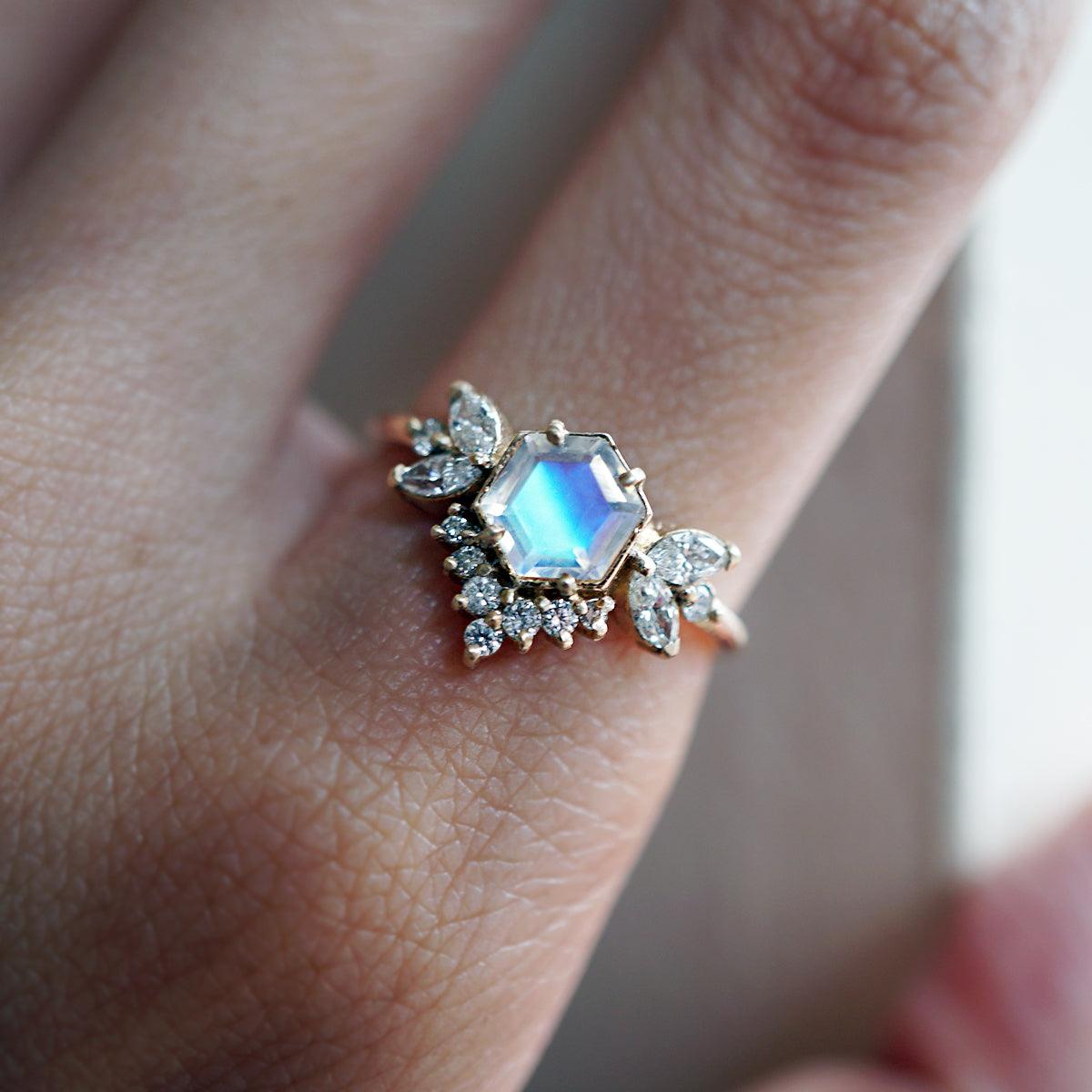 Hexagon Moonstone Butterfly Diamond Ring - Tippy Taste Jewelry