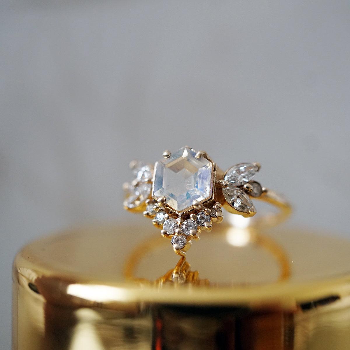 Hexagon Moonstone Butterfly Diamond Ring - Tippy Taste Jewelry