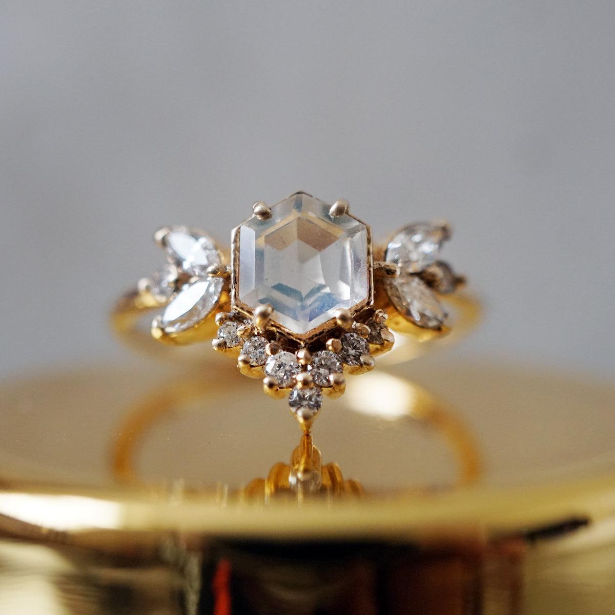 Hexagon Moonstone Butterfly Diamond Ring - Tippy Taste Jewelry