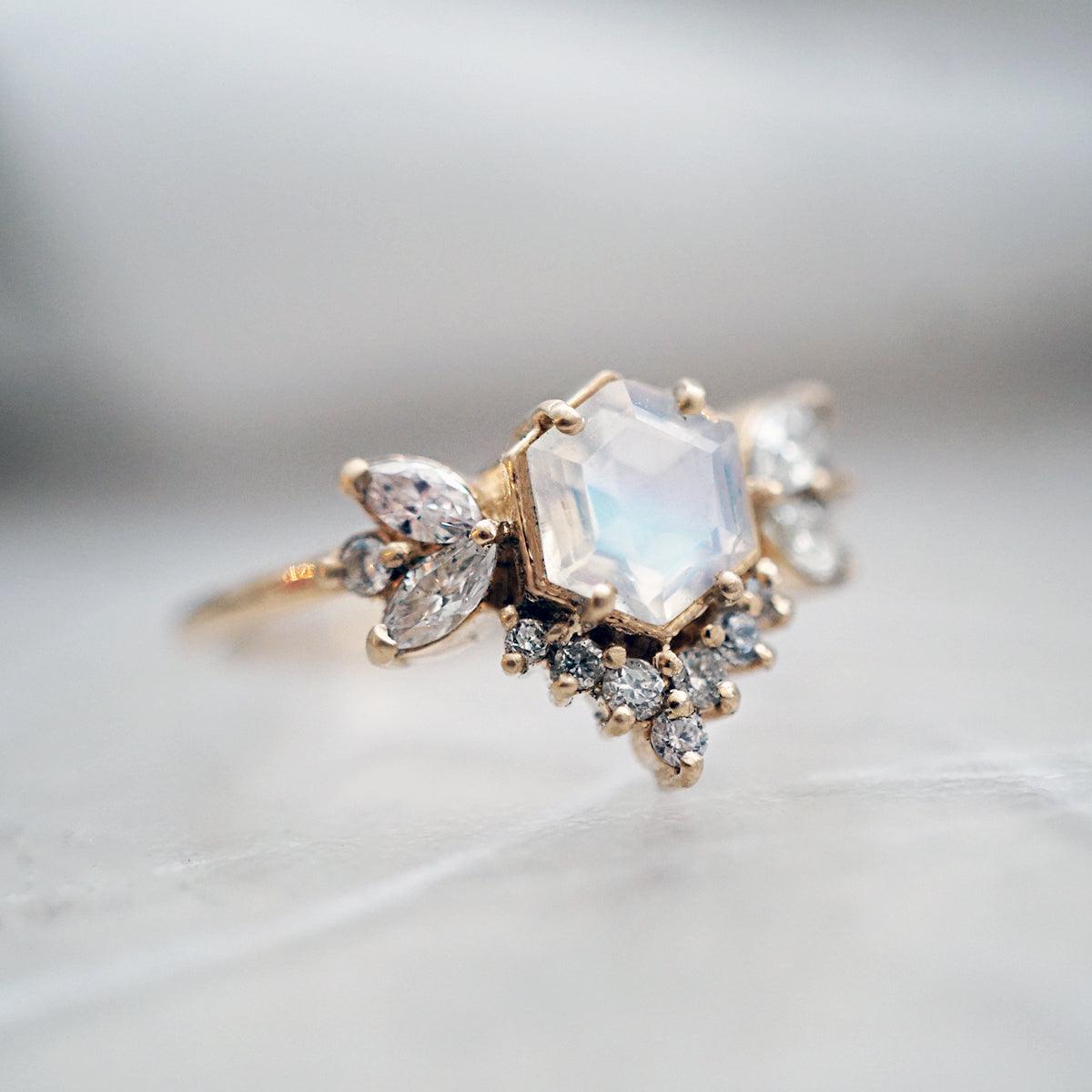 Hexagon Moonstone Butterfly Diamond Ring - Tippy Taste Jewelry