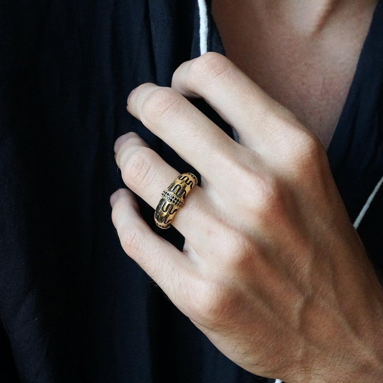 Maze Black Diamond Ring in Sterling Silver and 14K Gold, 9mm - Tippy Taste Jewelry