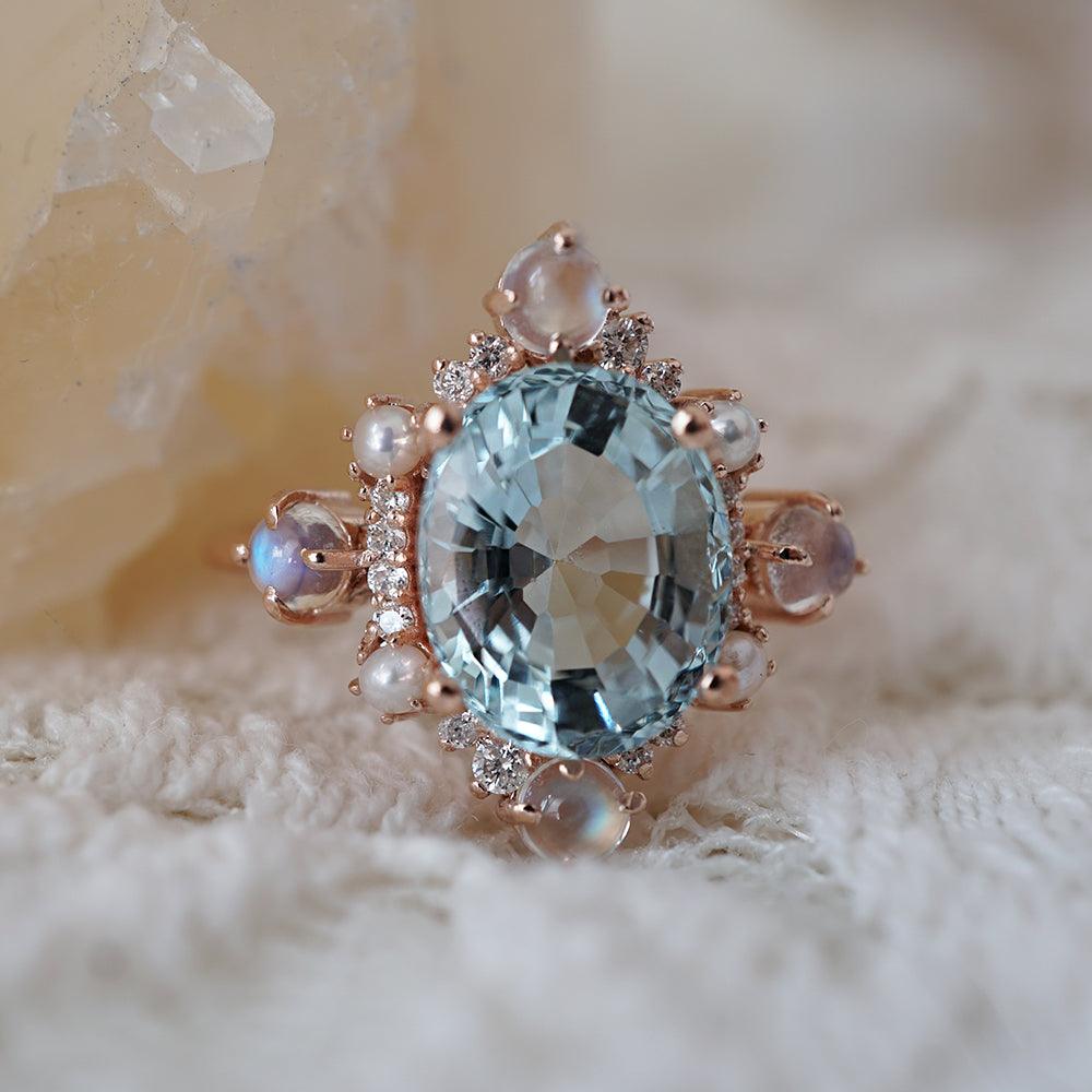 Aquamarine Elsa Moonstone Pearl Diamond Ring - Tippy Taste Jewelry