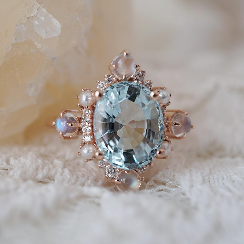 Aquamarine Elsa Moonstone Pearl Diamond Ring - Tippy Taste Jewelry