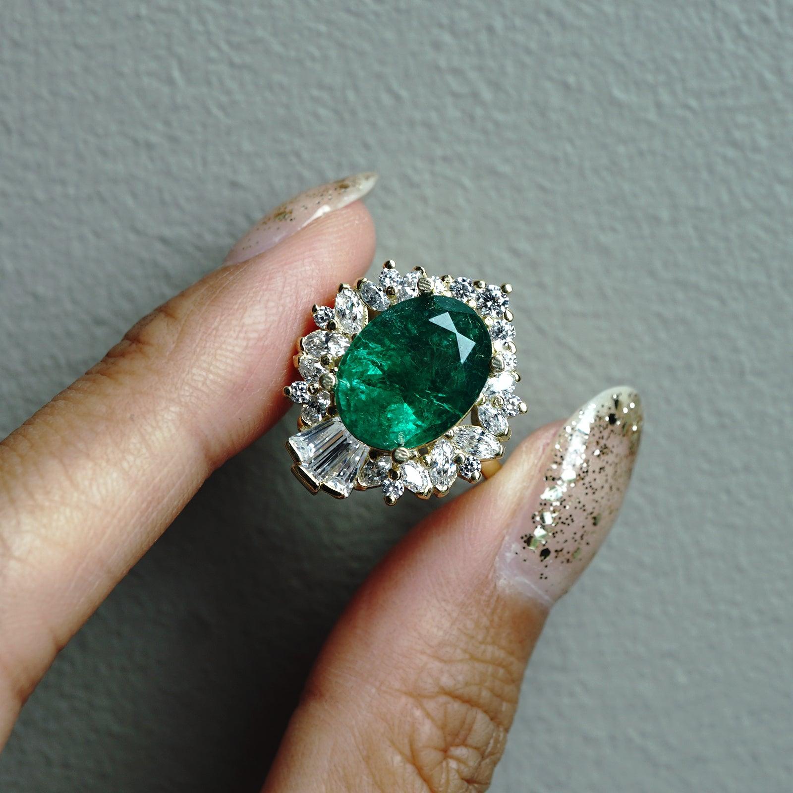 Hall Of Mirrors Oval Emerald Diamond Ring in 14K and 18K Gold, 3.9ct - Tippy Taste Jewelry