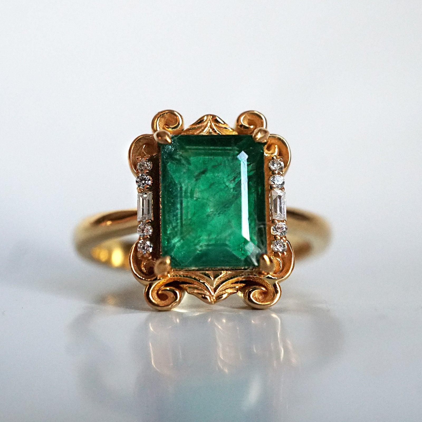 Isis Emerald Scroll Diamond Ring in 14K and 18K Gold - Tippy Taste Jewelry