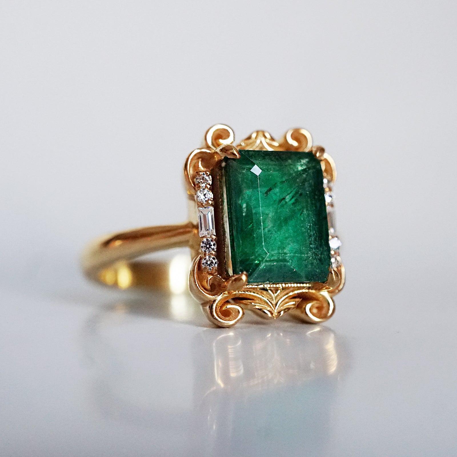 Isis Emerald Scroll Diamond Ring in 14K and 18K Gold - Tippy Taste Jewelry