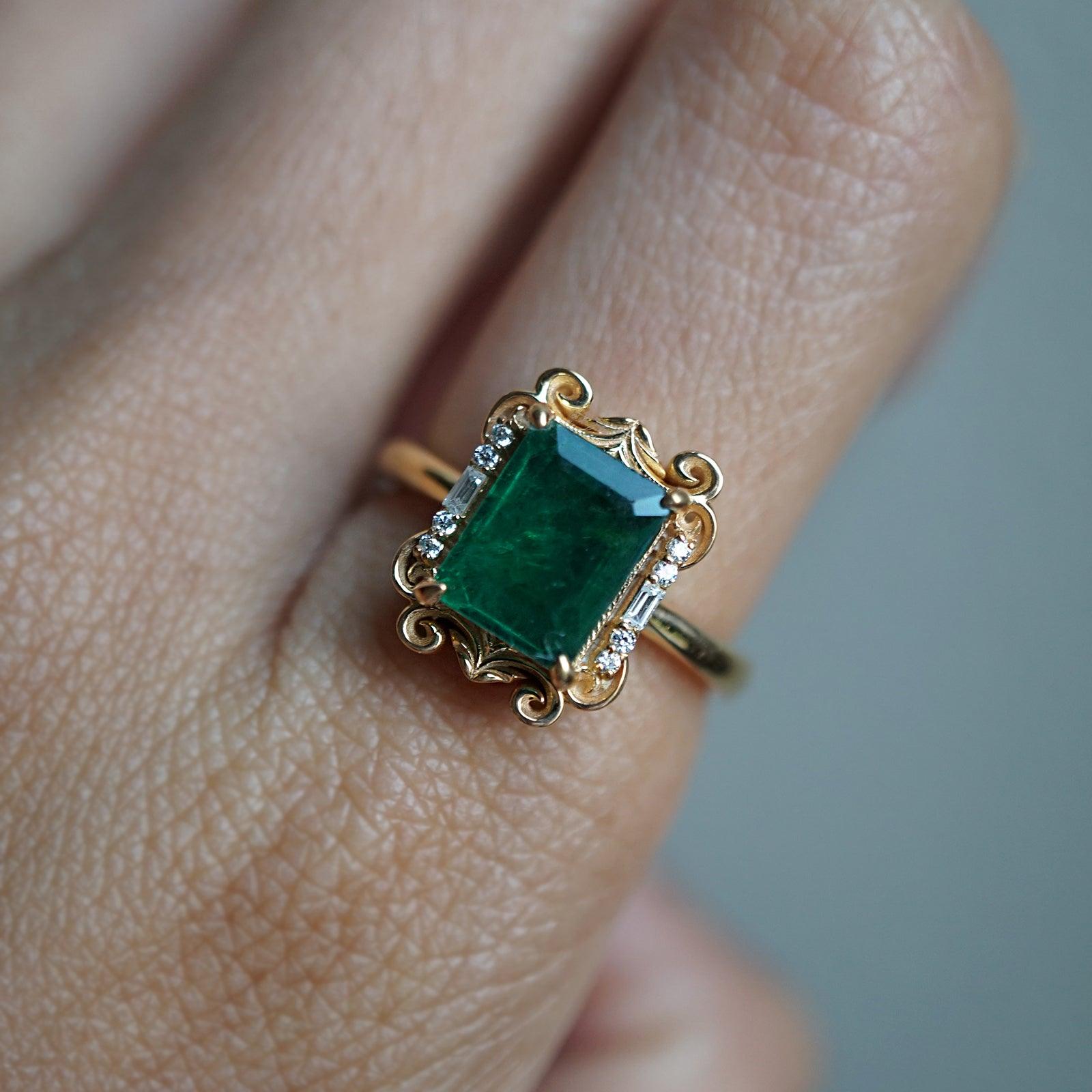 Isis Emerald Scroll Diamond Ring in 14K and 18K Gold - Tippy Taste Jewelry