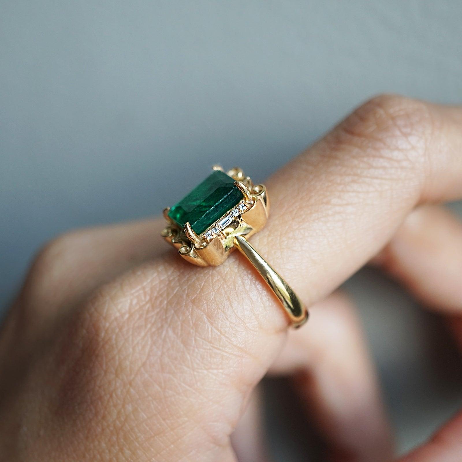 Isis Emerald Scroll Diamond Ring in 14K and 18K Gold - Tippy Taste Jewelry