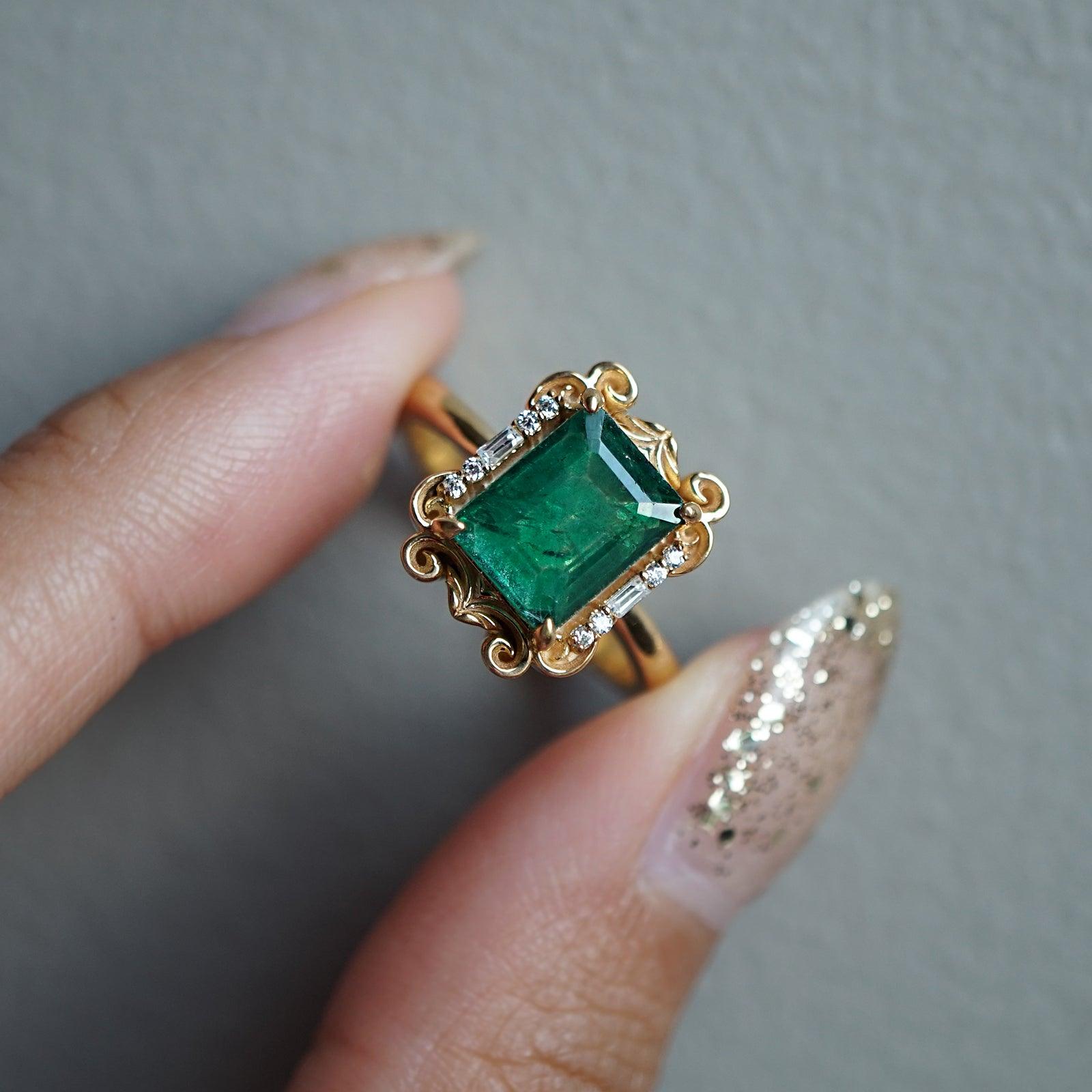 Isis Emerald Scroll Diamond Ring in 14K and 18K Gold - Tippy Taste Jewelry