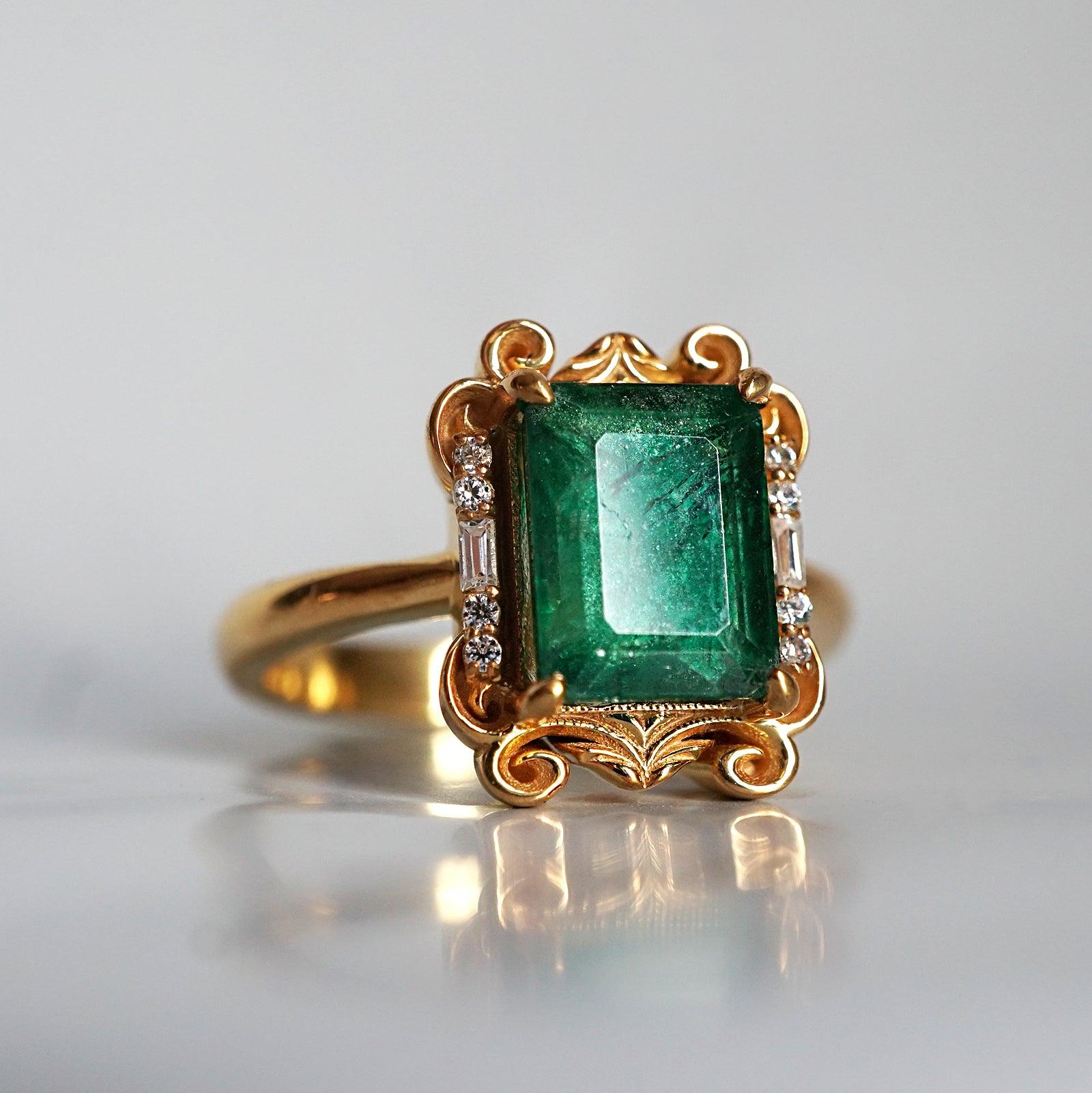 Isis Emerald Scroll Diamond Ring in 14K and 18K Gold - Tippy Taste Jewelry