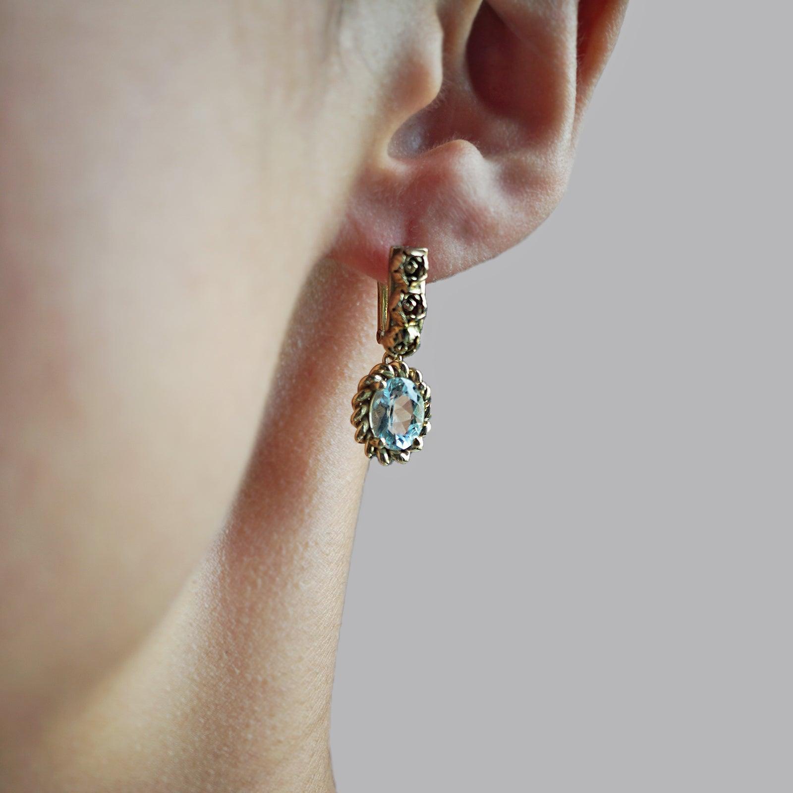 14K Oval Aquamarine Peonies Earrings - Tippy Taste Jewelry