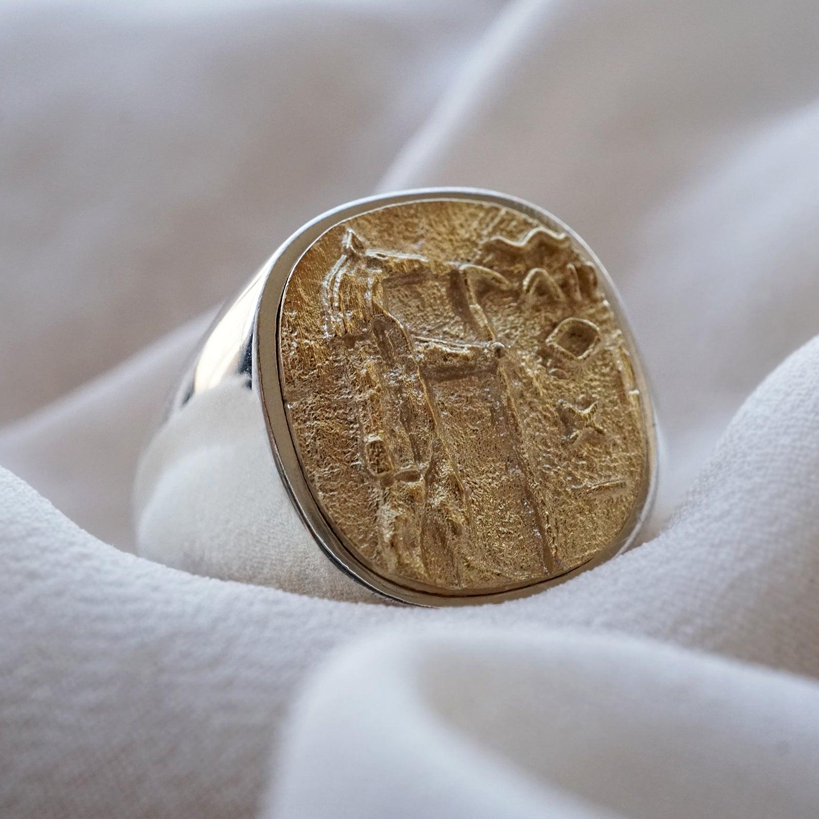 Mixed Metal Anubis Signet Ring in Sterling Silver and 14K Gold - Tippy Taste Jewelry