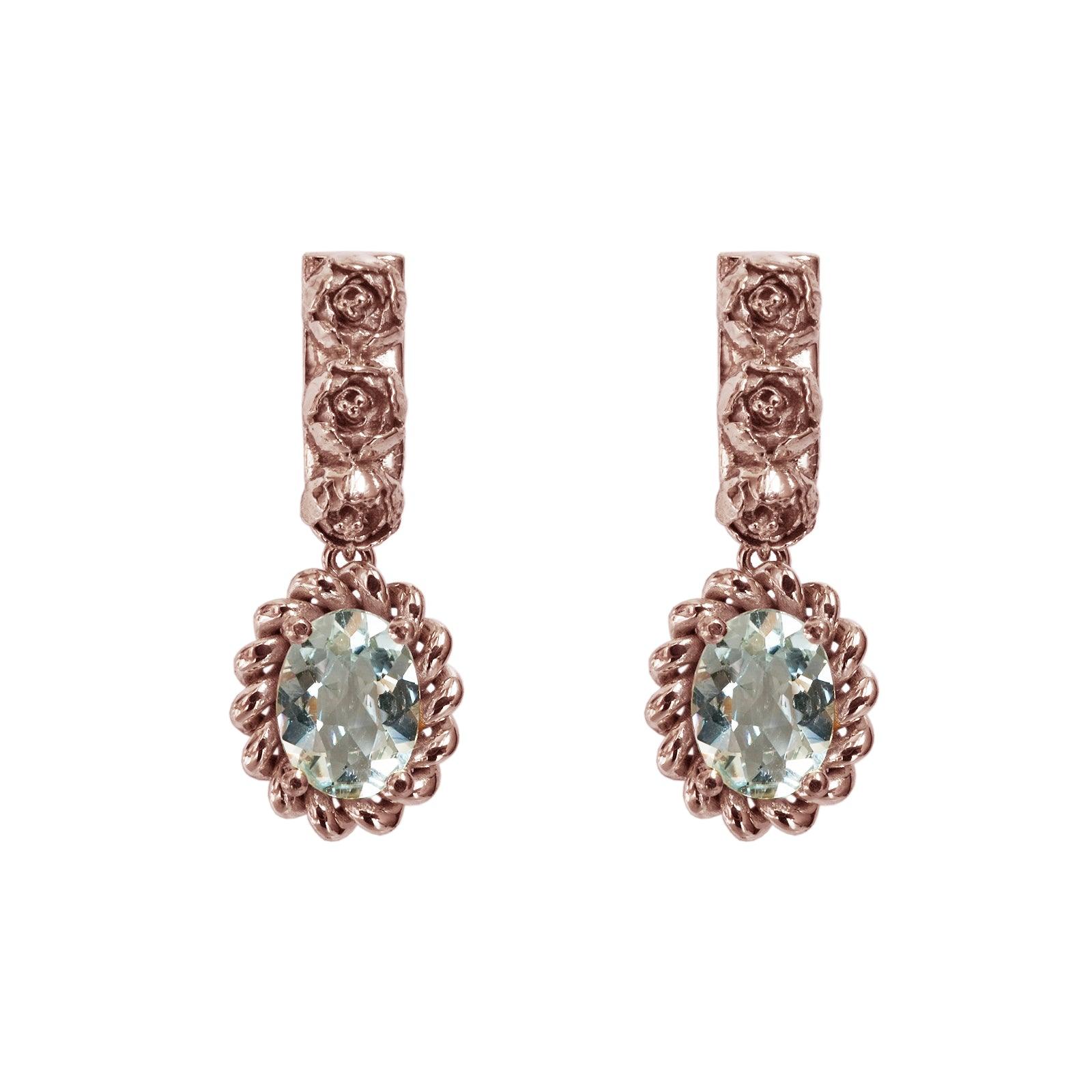 14K Oval Aquamarine Peonies Earrings - Tippy Taste Jewelry