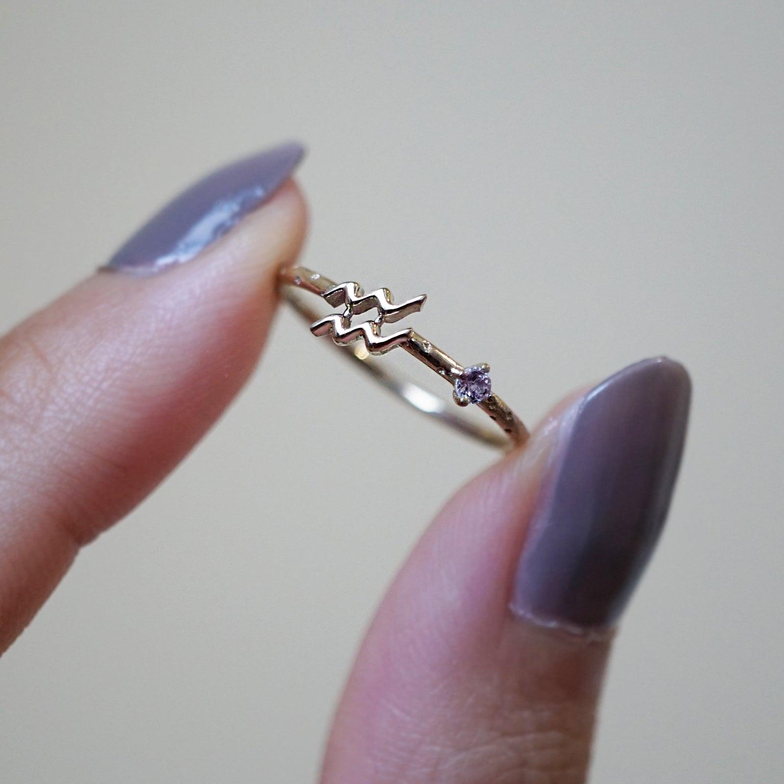 14K Aquarius Horoscope Birthstone Ring (Amethyst + Garnet)