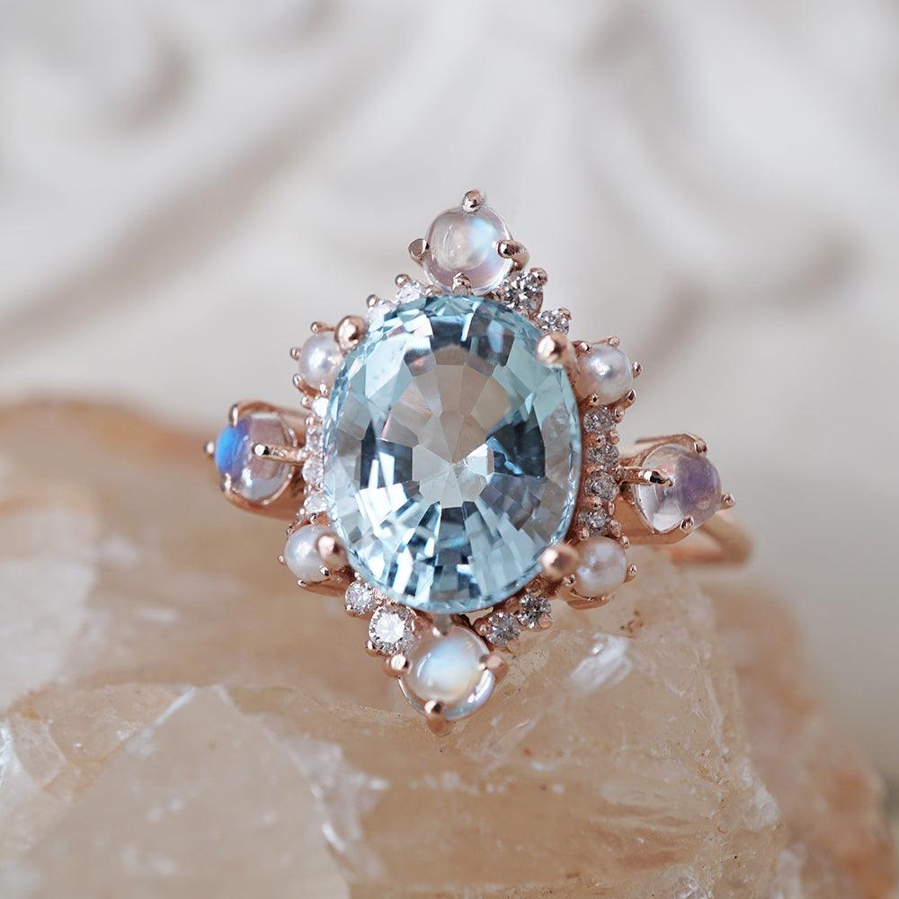 Aquamarine Elsa Moonstone Pearl Diamond Ring - Tippy Taste Jewelry