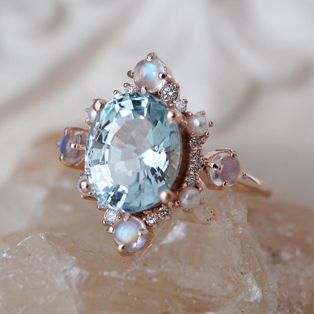 Aquamarine Elsa Moonstone Pearl Diamond Ring - Tippy Taste Jewelry