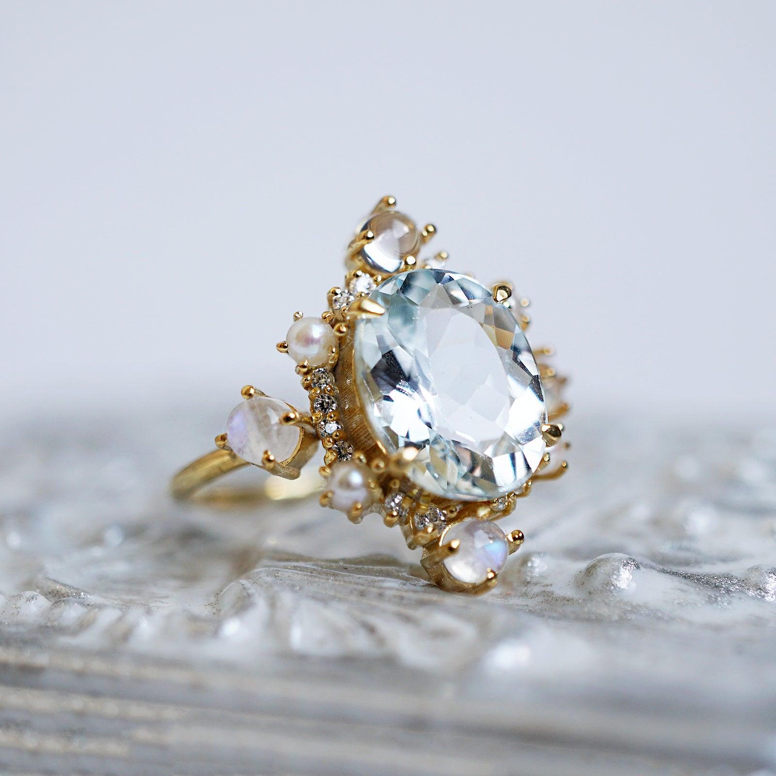 Aquamarine Elsa Moonstone Pearl Diamond Ring - Tippy Taste Jewelry