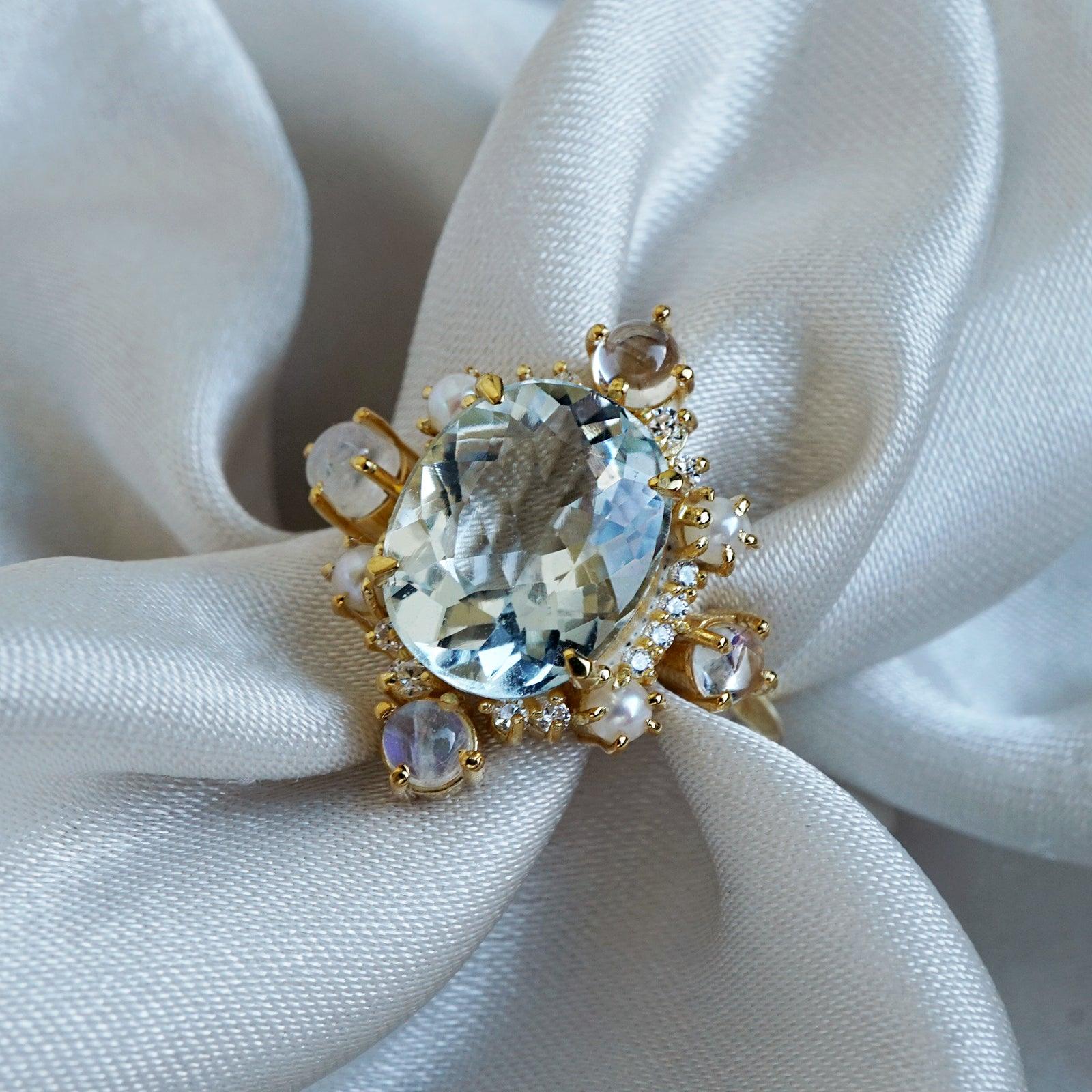 Aquamarine Elsa Moonstone Pearl Diamond Ring - Tippy Taste Jewelry