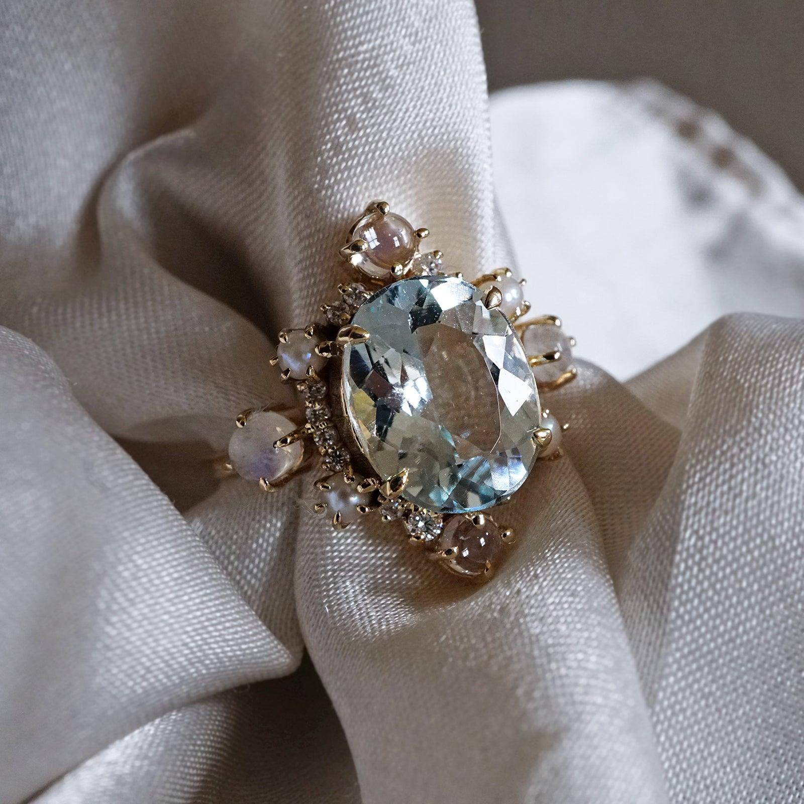 Aquamarine Elsa Moonstone Pearl Diamond Ring - Tippy Taste Jewelry