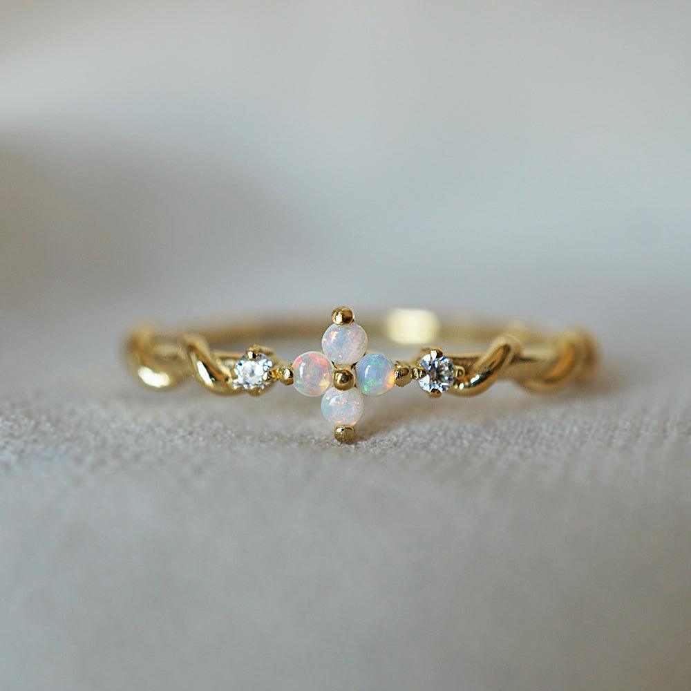 14K Love Me Not Flower Opal Diamond Twist Ring - Tippy Taste Jewelry