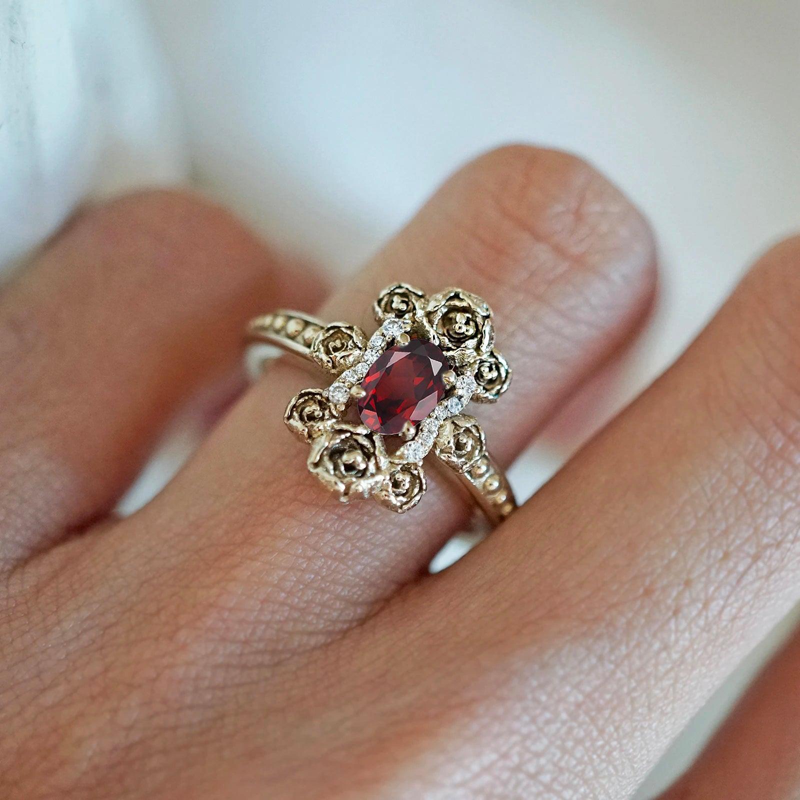 Peonies Oval Garnet Ring in 14K and 18K Gold - Tippy Taste Jewelry