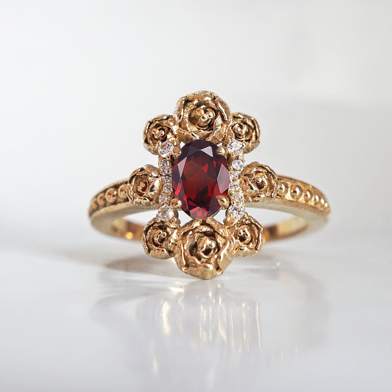 Peonies Oval Garnet Ring in 14K and 18K Gold - Tippy Taste Jewelry