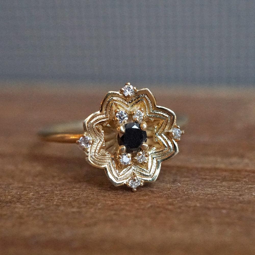 Gothic Rose Window Black Diamond Ring in 14K and 18K Gold - Tippy Taste Jewelry