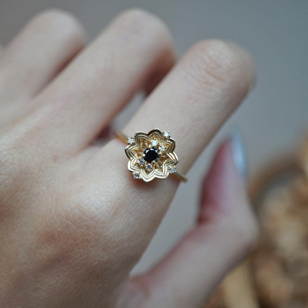 Gothic Rose Window Black Diamond Ring in 14K and 18K Gold - Tippy Taste Jewelry