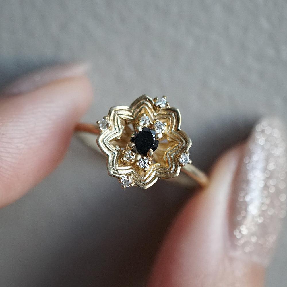 Gothic Rose Window Black Diamond Ring in 14K and 18K Gold - Tippy Taste Jewelry