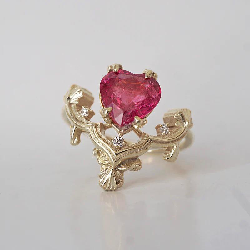 One Of A Kind: Gothic Ruby Heart Ring in 14K and 18K Gold - Tippy Taste Jewelry