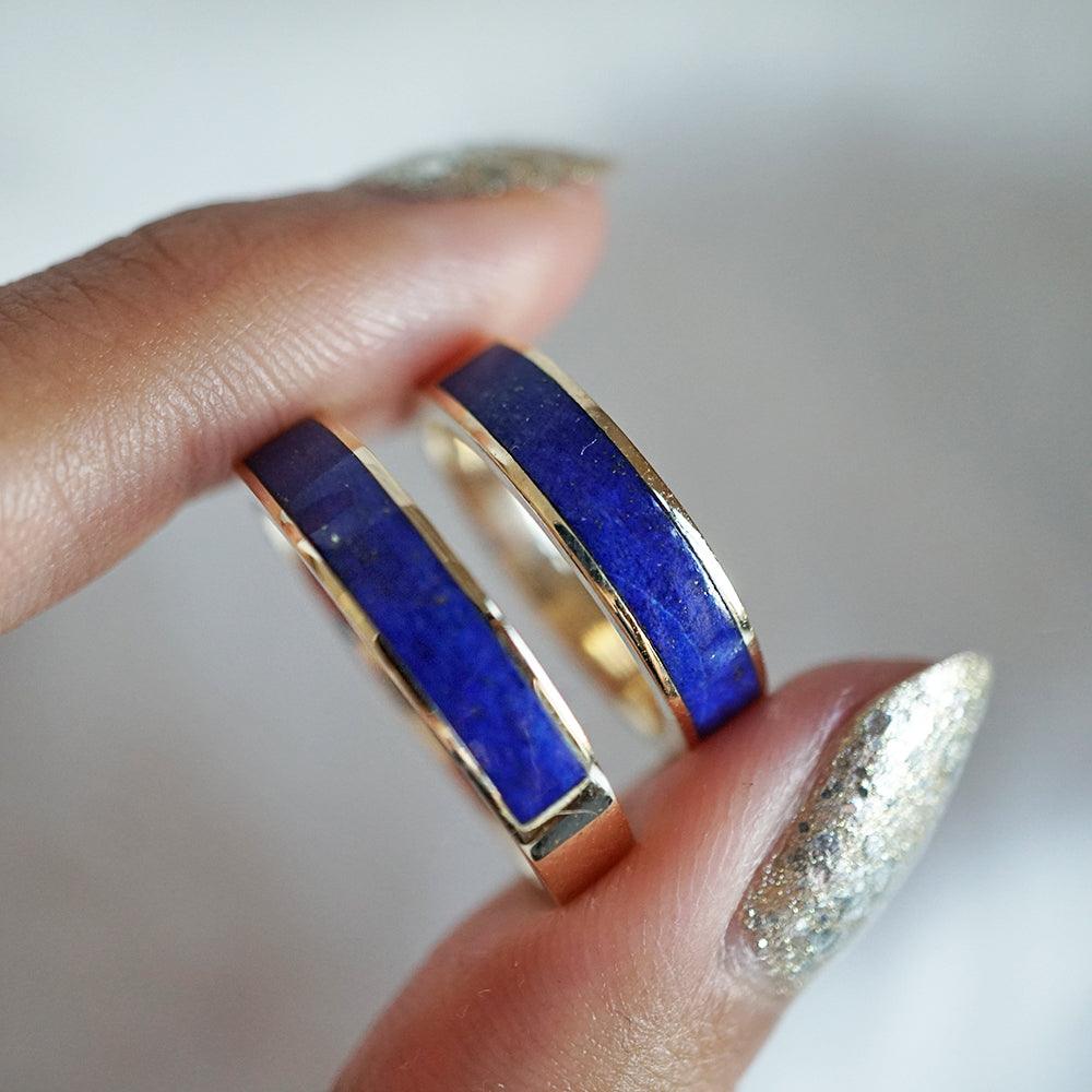 Lapis Lazuli Ring Band in Sterling Silver and 14K Gold, 3.5mm - Tippy Taste Jewelry