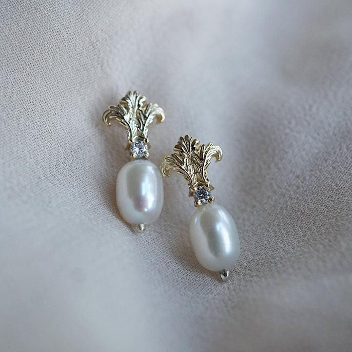 Acanthus Pearl Studs in 14K, 18K Gold and Platinum - Tippy Taste Jewelry