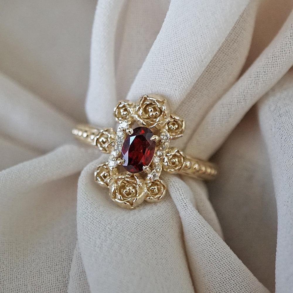 Peonies Oval Garnet Ring in 14K and 18K Gold - Tippy Taste Jewelry