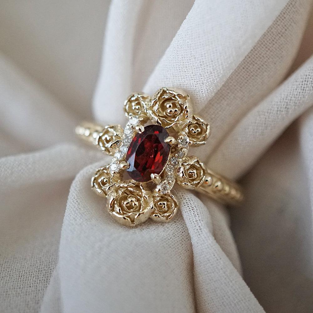 Peonies Oval Garnet Ring in 14K and 18K Gold - Tippy Taste Jewelry